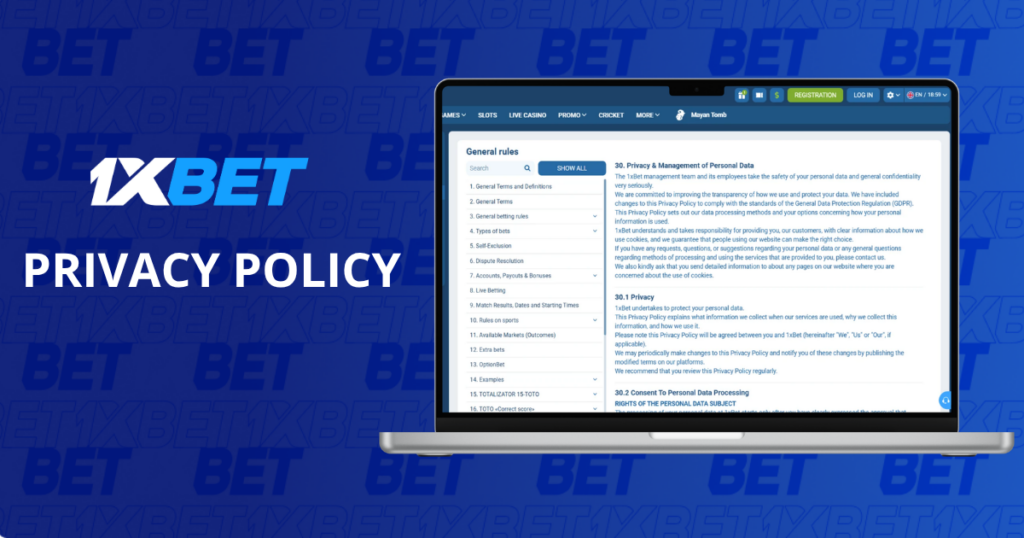 1xBet Privacy Policy displayed on a laptop