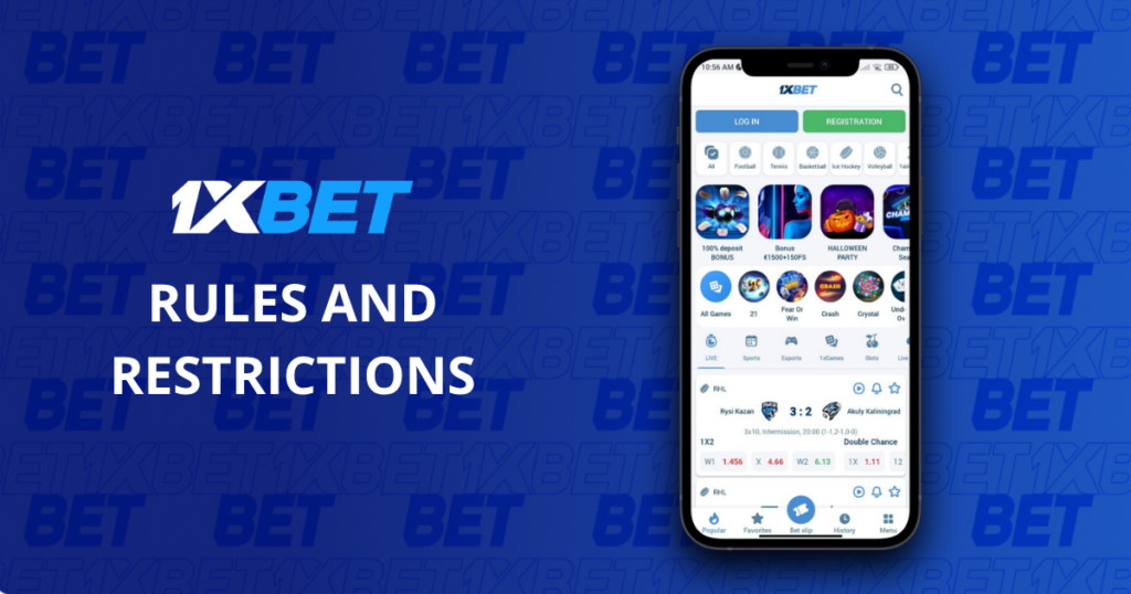 1xBet rules and restrictions displayed on a smartphone